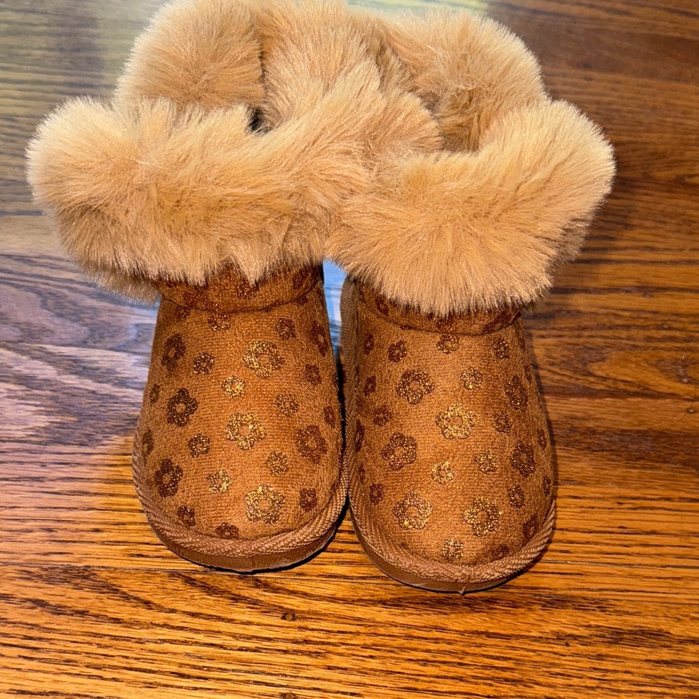Warm Tan Kids Boots with Floral Design